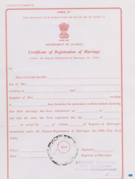 Download India Gujarat registration of marriages marriage certificate Photoshop template